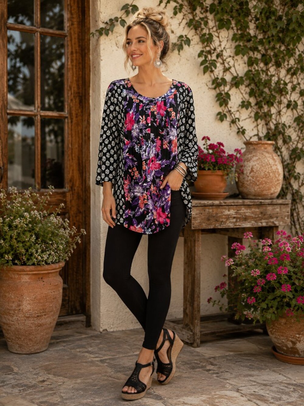 Ulla Popken Black Purple Floral Boho Tunic Top Plus Size 12/14